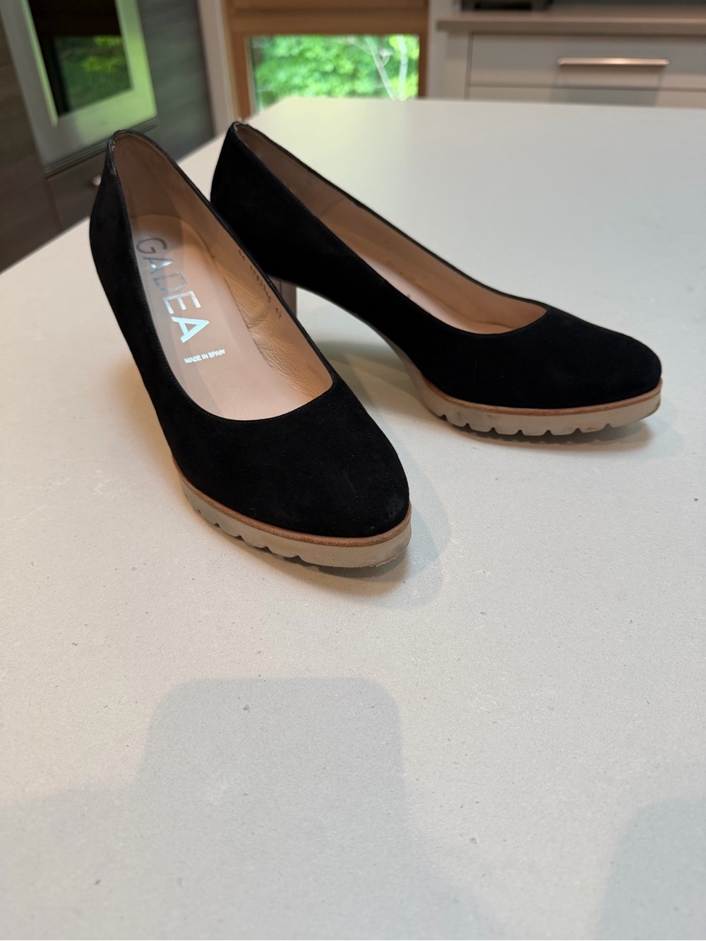 Black Suede Mid-Heel Pump with Lug Sole